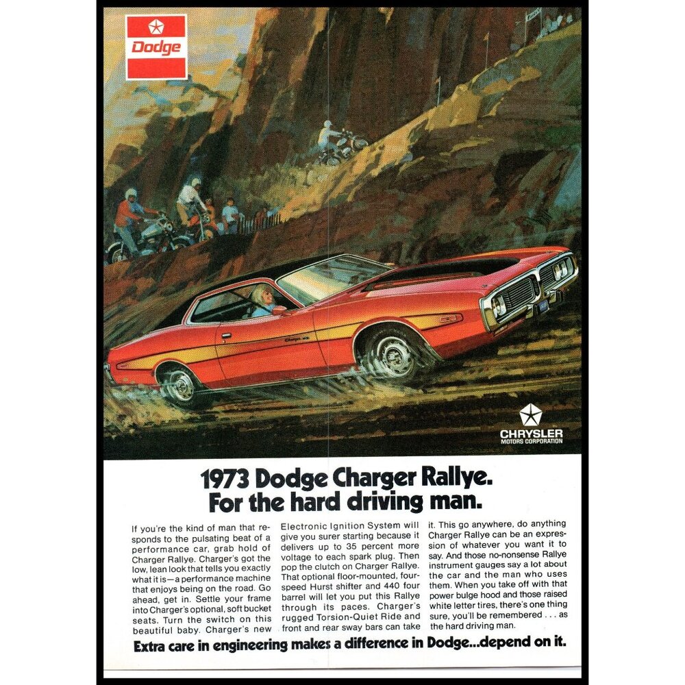 1973 Dodge Charger Rallye Coupe Vintage Print Ad Dirt Bike Race 70s Wall Art